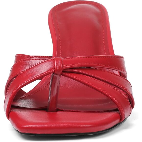 Kitten Heels Red Faux Leather Women Flops Strappy Heels Summer Square Open Heel - Picture 4 of 7